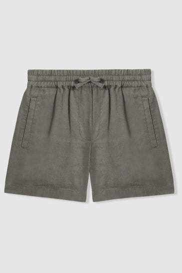 Reiss Khaki Acen Teen Linen Drawstring Shorts