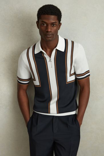 Reiss Navy/White Orion Knitted Half Zip Polo Shirt