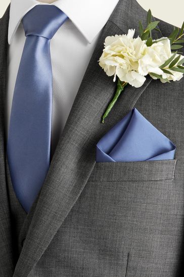 Blue Slim Silk Tie And Pocket Square Set