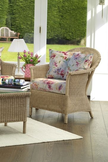 Laura Ashley Natural Garden Bewley Indoor Rattan Chair with Gosford Cranberry Cushions