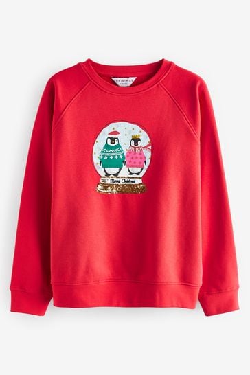 Buy Red Embellished Sequin Penguin Snow Globe Christmas Novelty Sweatshirt from Next Luxembourg