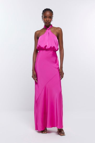 River Island Pink Halter Bridesmaid Dress