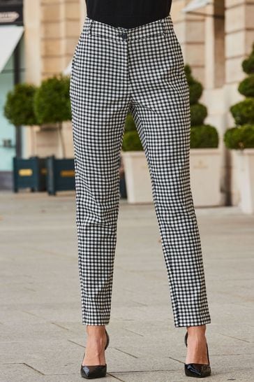 Sosandar White/Black Dogtooth Print Tapered Leg Trousers