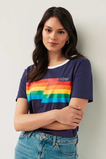 Little Bird by Jools Oliver Navy Adults Short Sleeve Rainbow Stripe T-Shirt