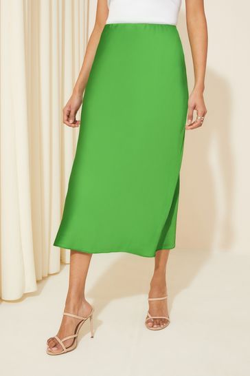 Friends Like These Emerald Green Satin Bias Midi Skirt