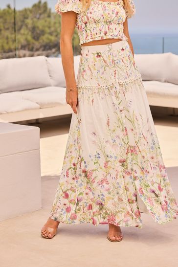 Friends Like These Ivory White Floral Tiered Chiffon Maxi Skirt Co-Ord