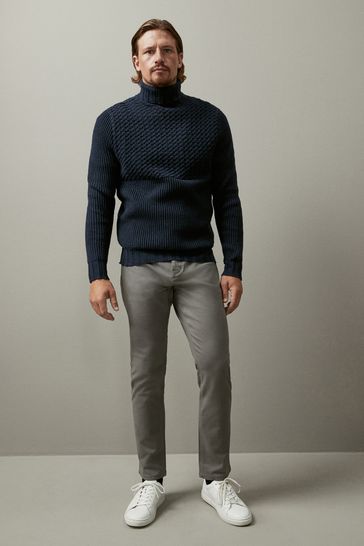 Navy Blue Regular Textured Roll Neck Jumper