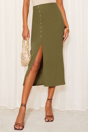 Buy Friends Like These Khaki Green Button Detail Linen Midi Skirt from Next Bahrain
