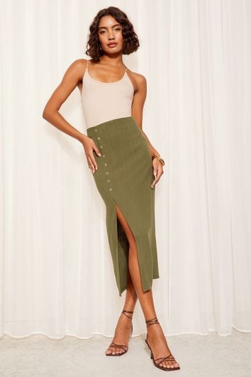 Buy Friends Like These Khaki Green Button Detail Linen Midi Skirt from Next Netherlands