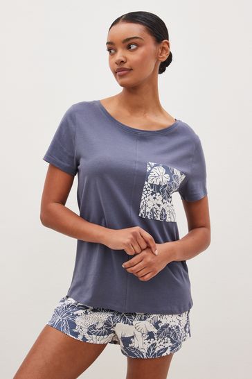 Blue Leaves Cotton Short Sleeve Pyjamas