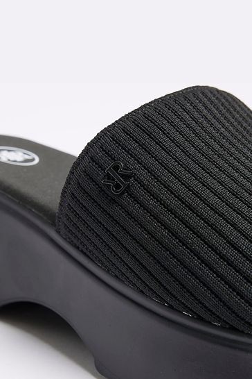 Buy River Island Black Wide Fit Knitted Mule Flatform Sandals from