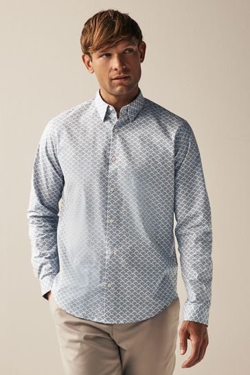 Blue Stretch Oxford Printed Long Sleeve Shirt