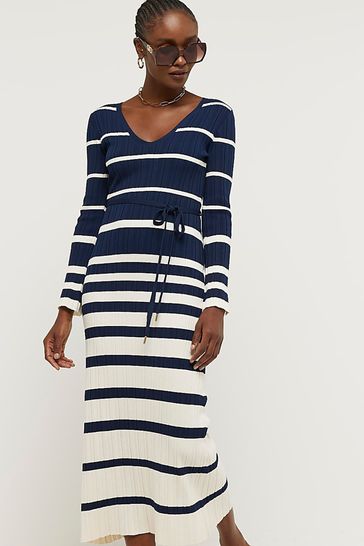 River Island Blue Ribbed Belted Maxi Dress