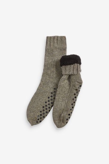 Neutral Basket Weave Texture Cable Slipper Socks