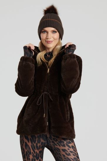 South Beach Brown Faux Fur Jacket with Waist Ties