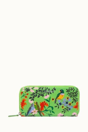 Cath Kidston Green Paper Birds Print Large Zipper Coated Purse