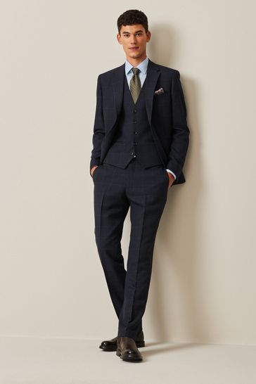 Buy Navy Blue Slim Fit Prince of Wales Check Suit Trousers from
