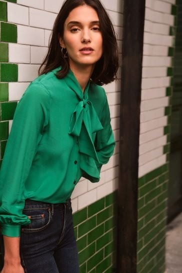 Buy Boden Green Bow Neck Button Down Blouse from Next Ireland