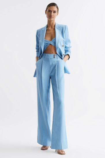 Reiss Blue Hollie Petite Wide Leg Linen Trousers