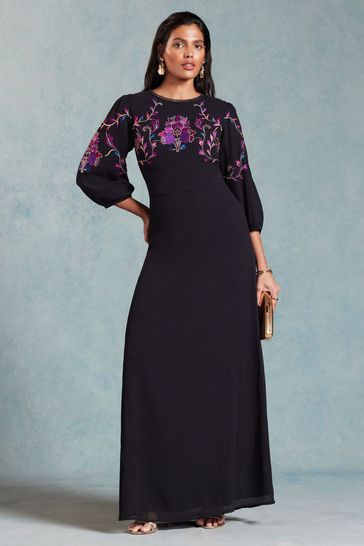 Love & Roses Black Embroidered Puff Sleeve Maxi Dress