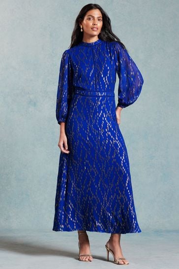 Love & Roses Blue Metallic Long Sleeve Round Neck Midi Dress