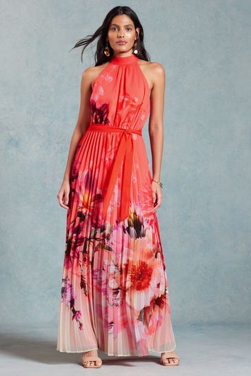 Love & Roses Orange Floral Pleated Halterneck Maxi Dress