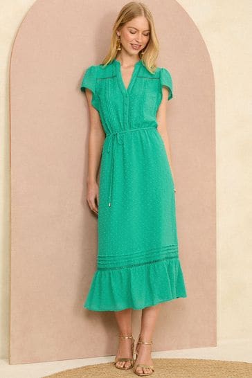 Love & Roses Green Dobby Belted Midi Dress