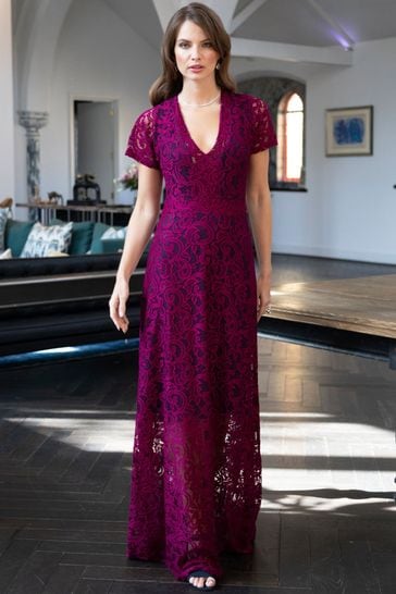 Hot Squash Purple V Neck Lace Maxi Dress