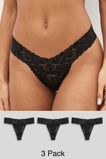 Black Thong Floral Lace Knickers 3 Pack