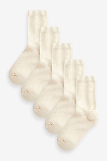 Cream 5 Pack Cotton Rich Cushioned Footbed Ribbed Socks