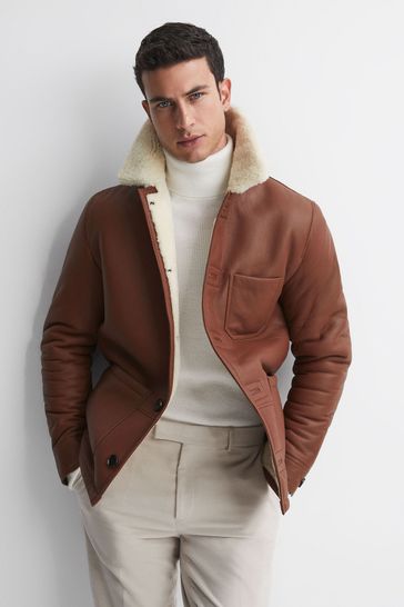 Reiss Brown Atlanta Leather Shearling Button-Through Jacket