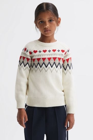 Reiss Ivory Charlotte Junior Relaxed Wool-Cotton Argyle Jumper