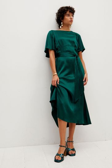 Buy Oliver Bonas Green Crinkle Sleeve Dark Satin Midi Dress from