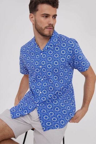 Threadbare Bright Blue Short Sleeve Floral Print Cotton Shirt