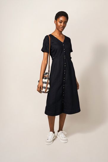 Black linen clearance button dress