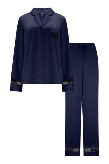 Buy Pour Moi Blue Dusk Satin Lace Revere Collar Pyjama Set from