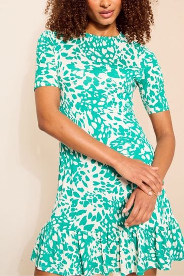 Friends Like These Green Print Short Sleeve Ruffle Hem Jersey Mini Dress