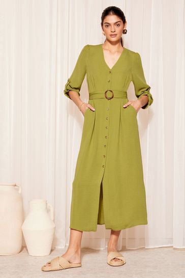 Friends Like These Lime Green Buckle Belted V Neck Midi Shirt Dress