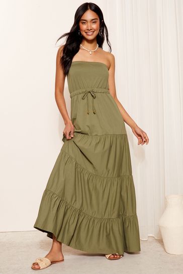 Friends Like These Khaki Green Sleeveless Belted Tiered Maxi Dress