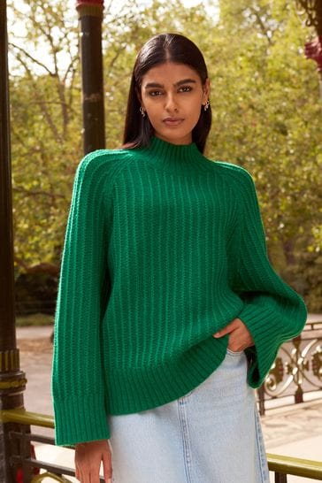 Bright Green Stitch Detail High Neck Long Sleeve Jumper