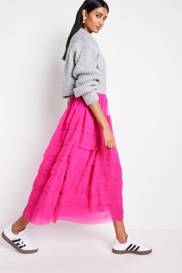 Bright Pink Mesh Tulle Midi Skirt
