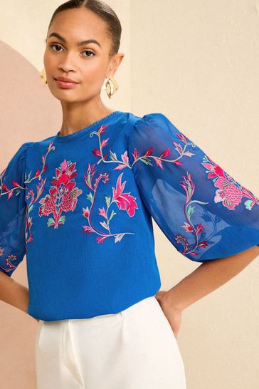 V&A | Love & Roses Blue Embroidered Round Neck Puff Sleeve Blouse