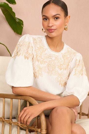Love & Roses Ivory White and Stone Cream Petite TENCEL™ Embroidery Puff Sleeve Blouse