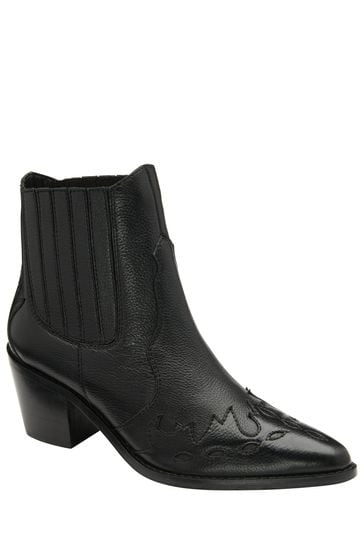 Ravel Black Leather Block Heel Western Ankle Boots