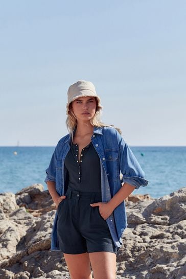 Navy Blue Linen Blend Boy Shorts