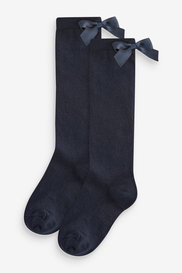 Navy Blue Cotton Rich Bow Knee High School Socks 2 Pack
