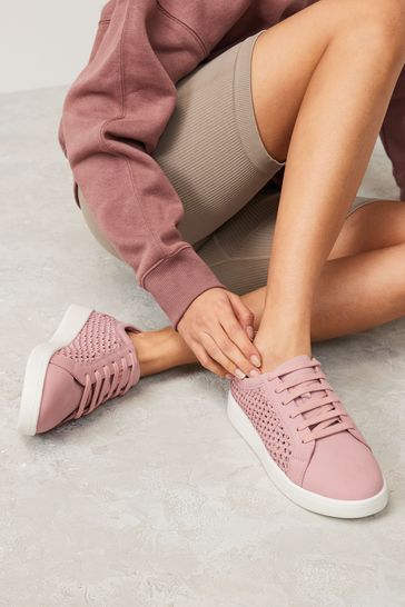 Pink Signature Leather Weave Lace-Up Trainers