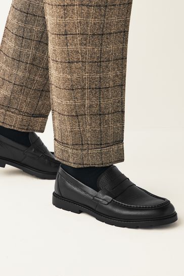 Black Tumbled Leather Saddle Loafers