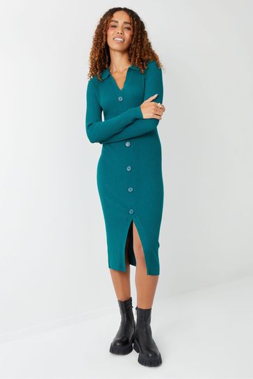 Threadbare Green Curve Ribbed Knit Cardigan Style Dress
