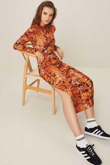 Buy Orange Black Floral Long Sleeve Jersey Dress from Next Luxembourg